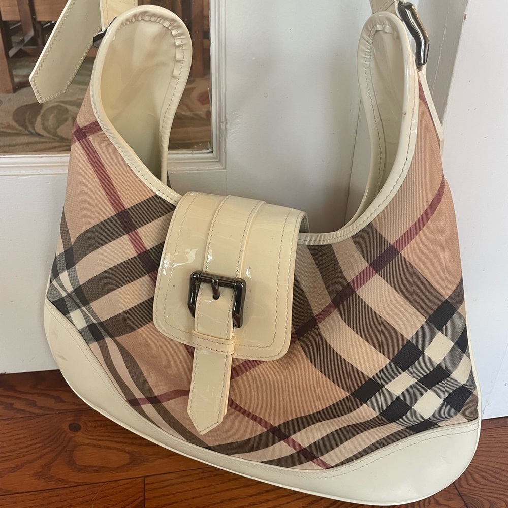 Burberry Cream and Tan Plaid Hobo Bag - Picture 2 of 12